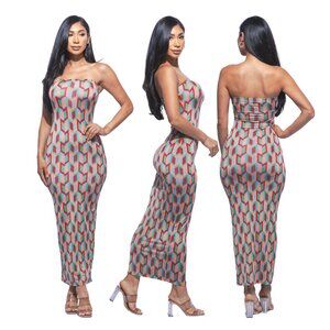 Lime 💎 Plus Size Geometric Print Strapless Maxi Dress – Bold & Sexy